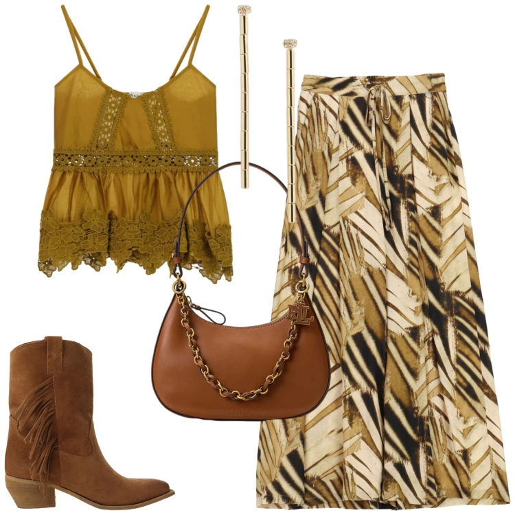 Outfit donna - Dixie. Stile Boho per Tutti i giorni. Abbinamento con orecchini, borse a spalla, stivali, top, pantaloni a palazzo.