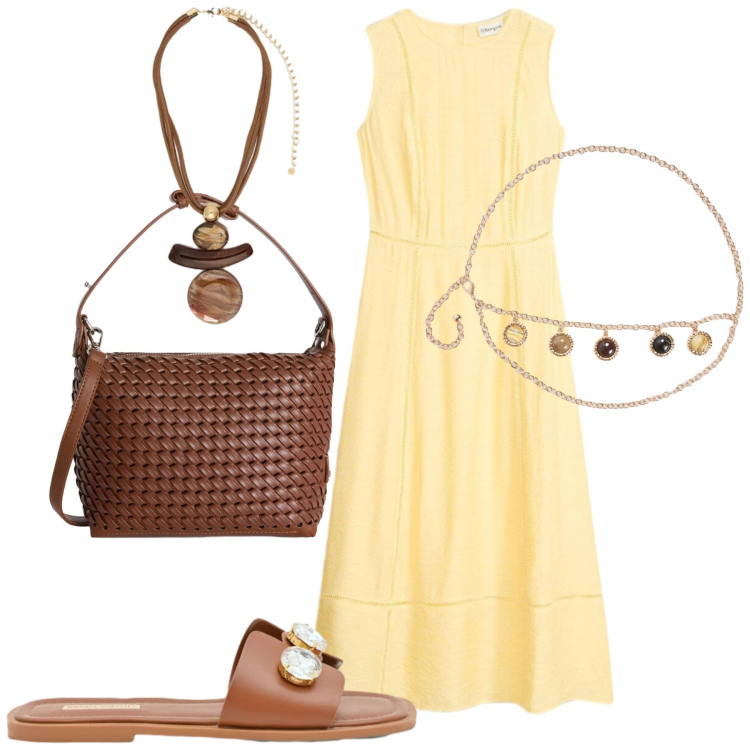 Outfit donna - City. Stile Urban per Tutti i giorni. Abbinamento con vestiti midi/longuette, cinture, borse a spalla, sandali gioiello, ciondoli.