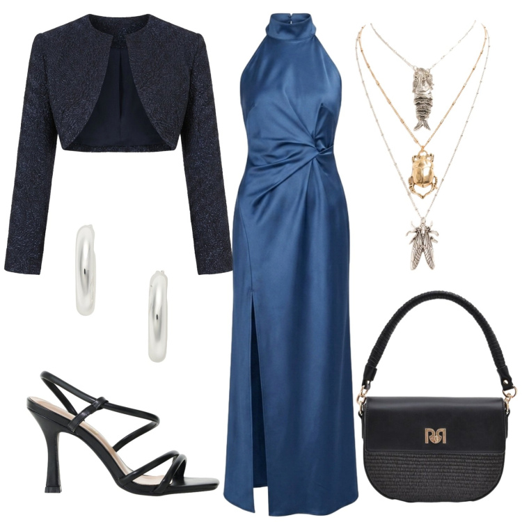 Outfit donna - Profondamente cancro. Stile Glamour per Cerimonia. Abbinamento con sandali col tacco, borse a spalla, bolero, orecchini, vestiti lunghi, ciondoli.