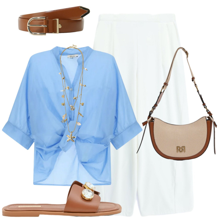 Outfit donna - City. Stile Casual chic per Tutti i giorni. Abbinamento con cinture, collane, pantaloni a palazzo, borse a tracolla, sandali gioiello, camicie.