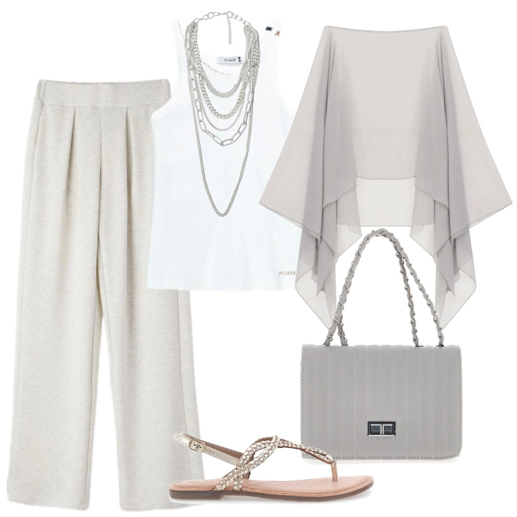 Outfit donna - Dolce cancro. Stile Minimal per Tutti i giorni. Abbinamento con pantaloni, cappe, collane, top, sandali, borse a tracolla.