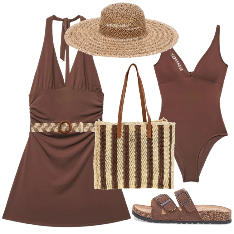 Outfit donna - Beach mood. Stile Boho per Mare. Abbinamento con costumi interi, vestiti corti, cinture, ciabatte, borse a spalla, cappelli.