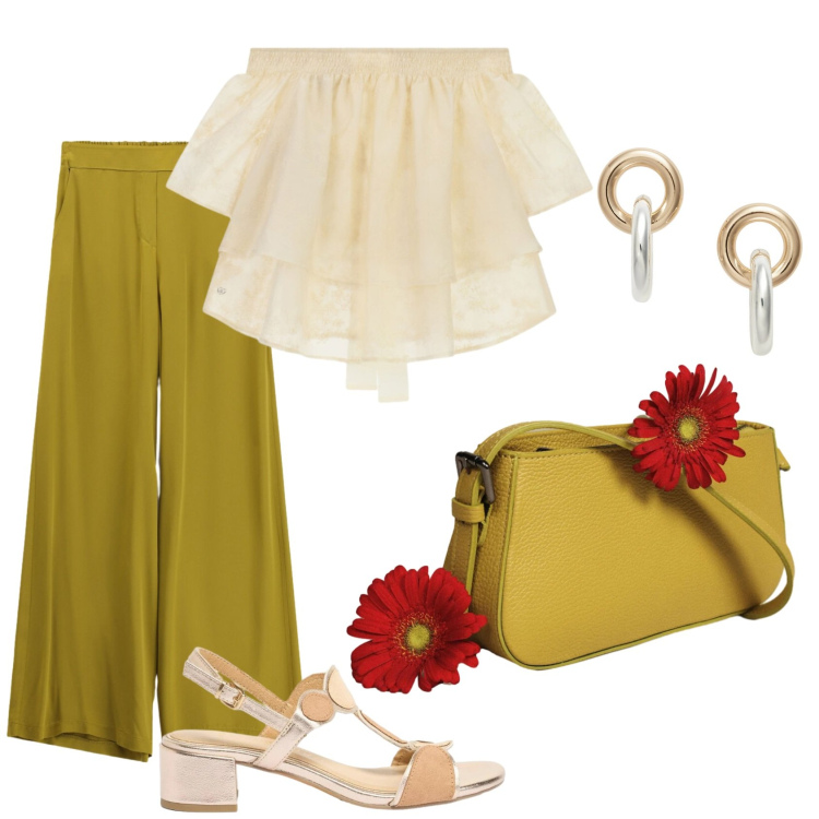 Outfit donna - Total look #2422036. Stile Glamour per Tutti i giorni. Abbinamento con sandali col tacco, bluse, orecchini, borse a spalla, pantaloni a palazzo.