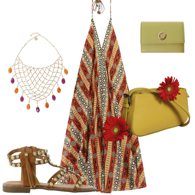 Outfit donna - Total look #2422037. Stile Etnico per Serata fuori. Abbinamento con sandali, portafogli, borse a spalla, collane, vestiti lunghi.