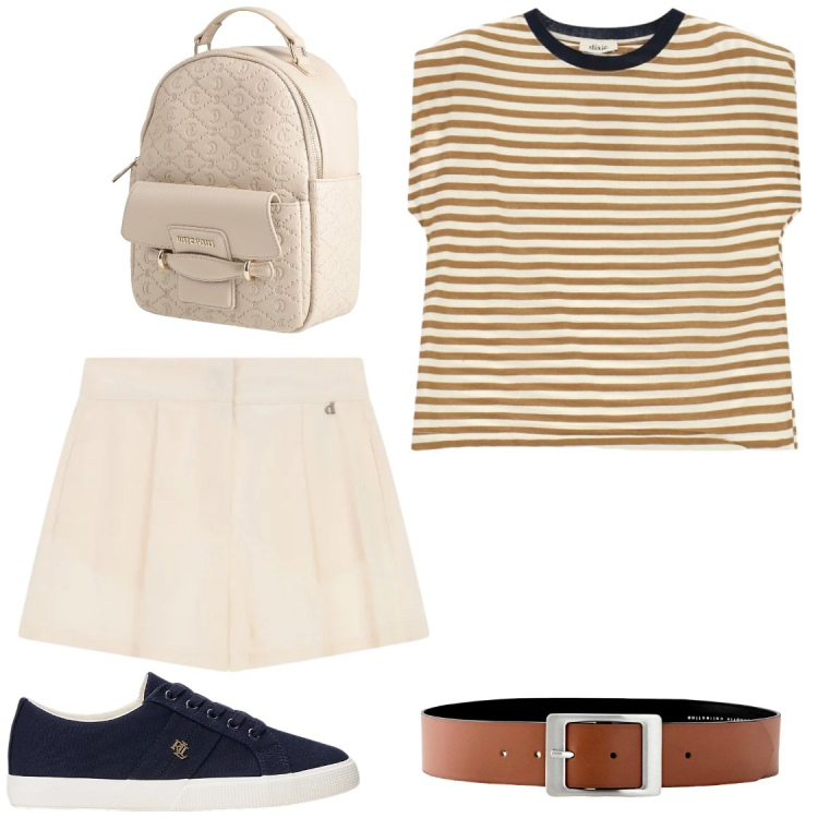 Outfit donna - Pantaloncini e t-shirt. Stile Sporty chic per Tutti i giorni. Abbinamento con zaini, cinture, sneakers, shorts, t-shirt.