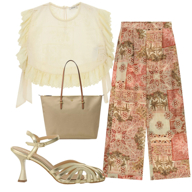 Outfit donna - Total look #2422039. Stile Trendy per Serata fuori. Abbinamento con borse tote, sandali col tacco, top, pantaloni a palazzo.