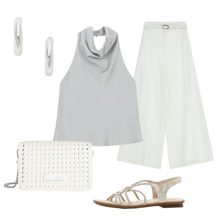 Outfit donna - Bianco e grigio perla per l’aperitivo. Stile Chic per Serata fuori. Abbinamento con sandali, borse a tracolla, top, pantaloni a palazzo, orecchini.