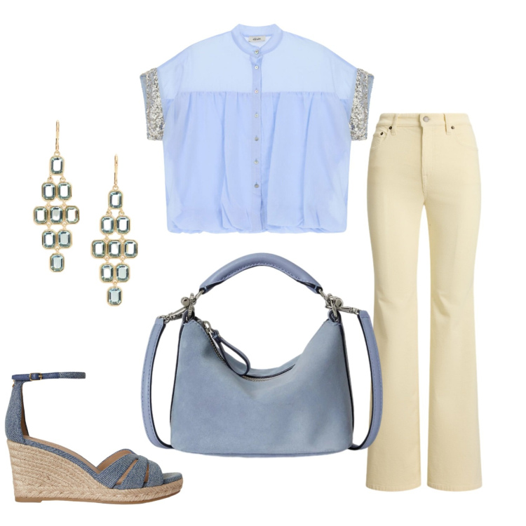 Outfit donna - Total look #2422051. Stile Casual chic per Ufficio. Abbinamento con pantaloni, zeppe, borse a spalla, orecchini, camicie a manica corta.