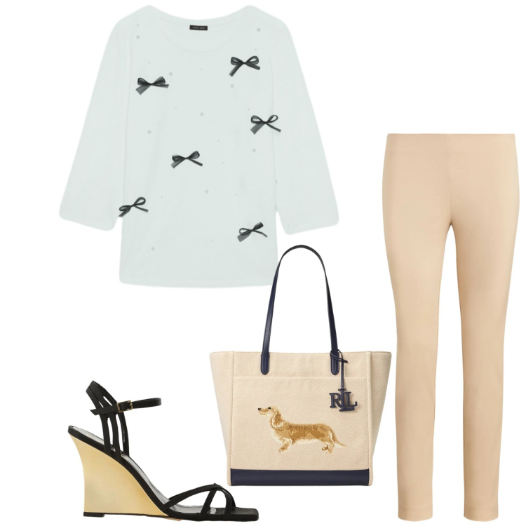 Outfit donna - Total look #2422054. Stile Casual chic per Ufficio. Abbinamento con t-shirt, pantaloni skinny, borse tote, sandali col tacco.