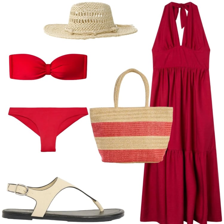 Outfit donna - Un giorno al mare. Stile Chic per Mare. Abbinamento con infradito, shopping bag, vestiti lunghi, bikini, bikini, cappelli.