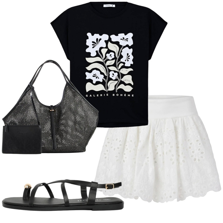 Outfit donna - Total look #2422056. Stile Romantica per Mare. Abbinamento con shopping bag, t-shirt, sandali, minigonne.