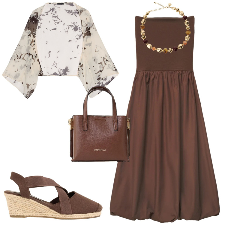 Outfit donna - Serata evento con i colori della terra. Stile Boho per Serata fuori. Abbinamento con zeppe, vestiti midi/longuette, borse a tracolla, bolero, collane.