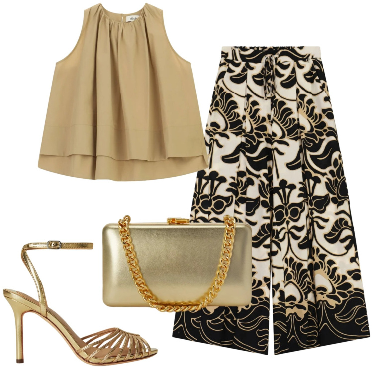 Outfit donna - Total look #2422061. Stile Trendy per Serata fuori. Abbinamento con sandali in pelle, clutch, pantaloni a palazzo, top.