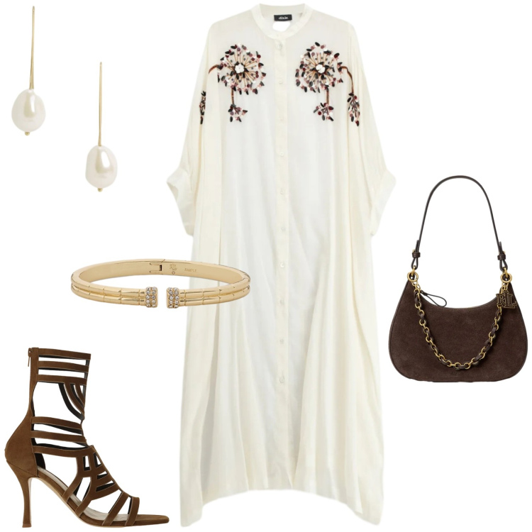 Outfit donna - Semplice elegante. Stile Boho per Serata fuori. Abbinamento con borse a spalla, orecchini, braccialetti, vestiti midi/longuette, sandali col tacco.