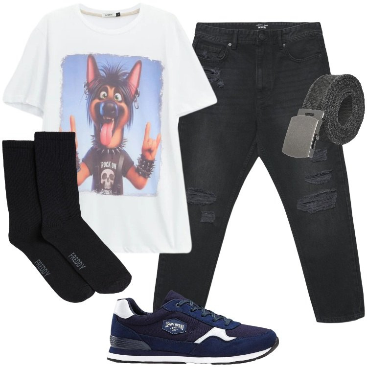 Outfit uomo - Total look #2422065. Stile Biker Rock per Serata speciale. Abbinamento con sneakers, cinture, jeans strappati, t-shirt, calzini.