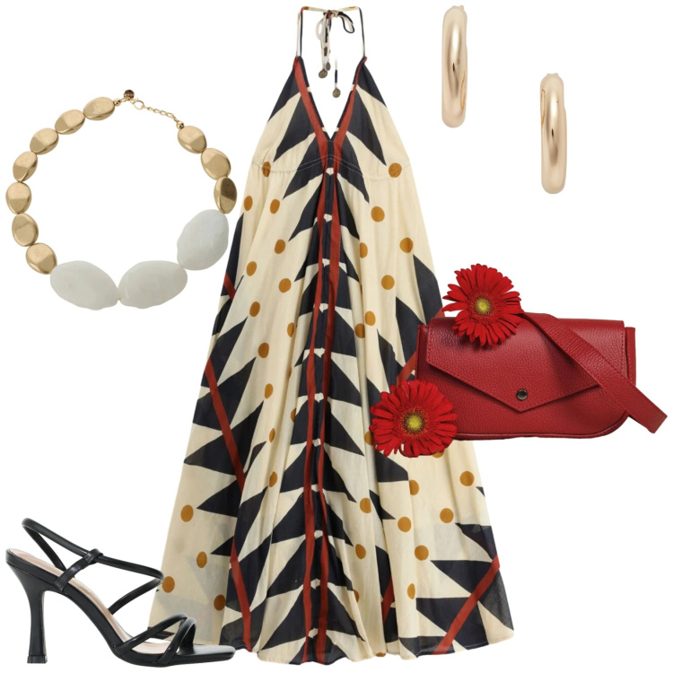 Outfit donna - Bianco nero rosso. Stile Etnico per Serata fuori. Abbinamento con sandali col tacco, orecchini, borse a tracolla, collane, vestiti lunghi.