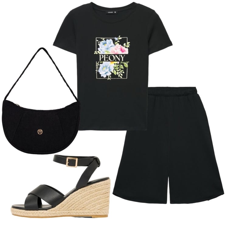 Outfit donna - Total look #2422067. Stile Casual per Tutti i giorni. Abbinamento con zeppe, pantaloni corti, t-shirt, borse a mano.