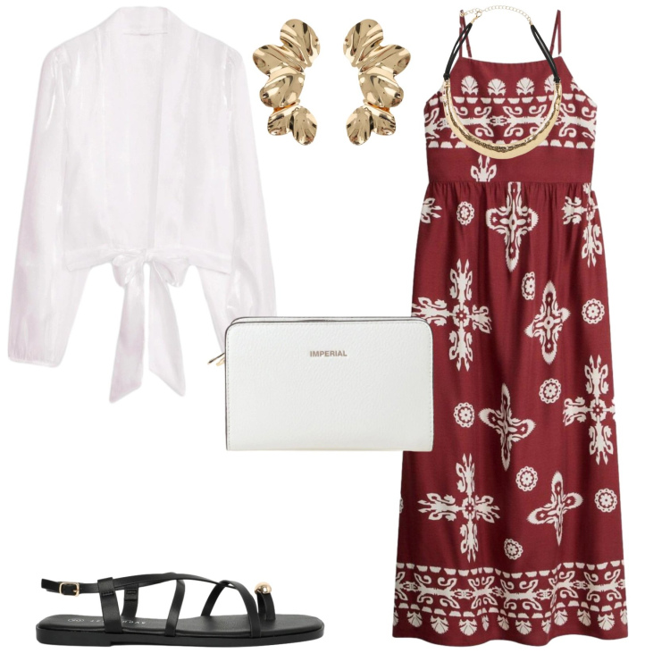 Outfit donna - Boho chic serata estiva. Stile Boho per Serata fuori. Abbinamento con kimono, vestiti, collane, sandali, orecchini, borse a tracolla.