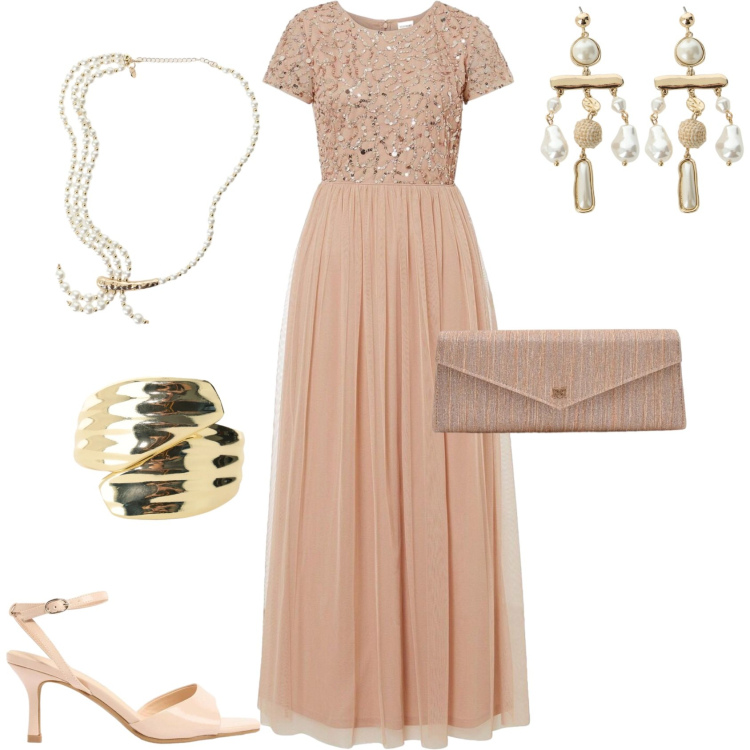 Outfit donna - Cerimonia evento serata speciale. Stile Glamour per Serata fuori. Abbinamento con sandali col tacco, vestiti lunghi, anelli, pochette, orecchini, collane.