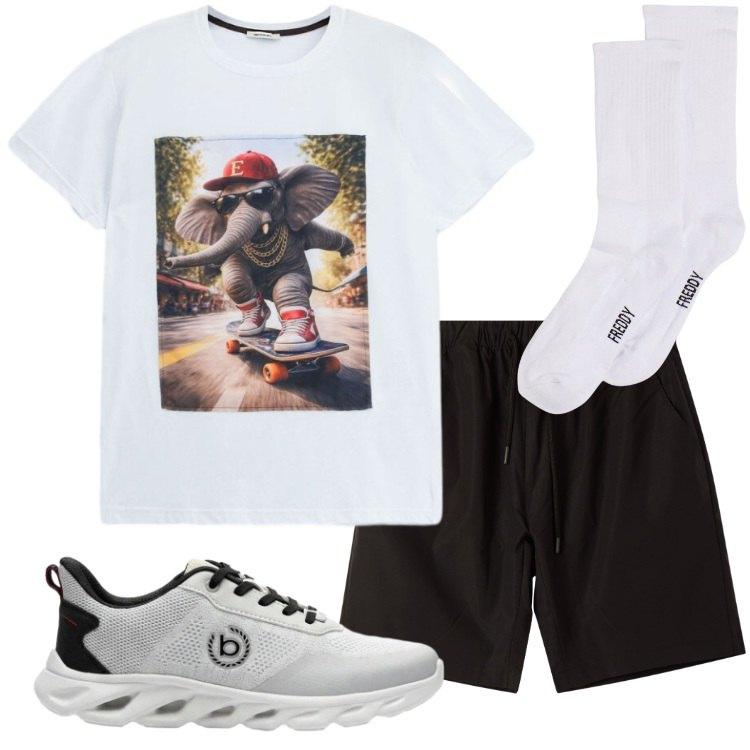Outfit uomo - Total look #2422076. Stile Urban per Tutti i giorni. Abbinamento con sneakers, bermuda, calzini, t-shirt.