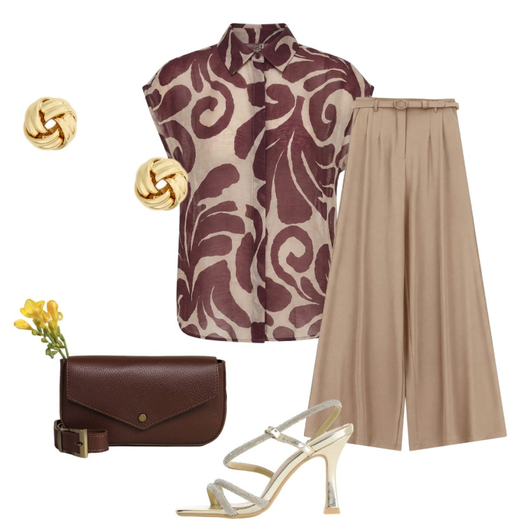 Outfit donna - Appuntamento per un aperitivo. Stile Chic per Serata fuori. Abbinamento con pantaloni a palazzo, sandali col tacco, camicie a manica corta, orecchini, borse a tracolla.