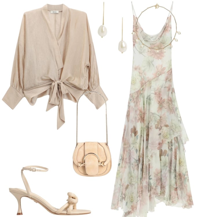 Outfit donna - Romantica chic evento. Stile Romantica per Serata fuori. Abbinamento con marsupi, sandali in pelle, vestiti lunghi, orecchini, collane, bluse.