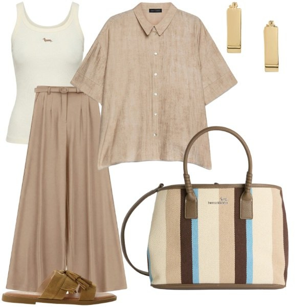 Outfit donna - Total look #2422085. Stile Casual per Serata fuori. Abbinamento con shopping bag, canottiere, pantaloni a palazzo, sandali, camicie a manica corta, orecchini.