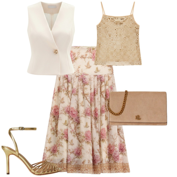 Outfit donna - Romantica chic. Stile Romantica per Serata fuori. Abbinamento con canottiere, gilet, sandali in pelle, borse a tracolla, gonne lunghe.