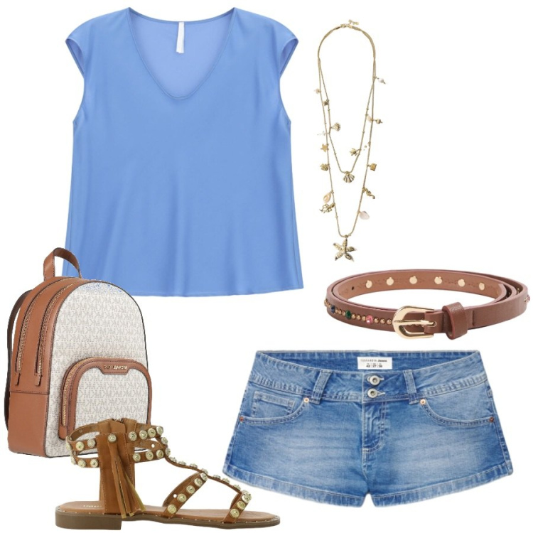 Outfit donna - Total look #2422089. Stile Casual chic per Tutti i giorni. Abbinamento con zaini, shorts, cinture, top, sandali, collane.