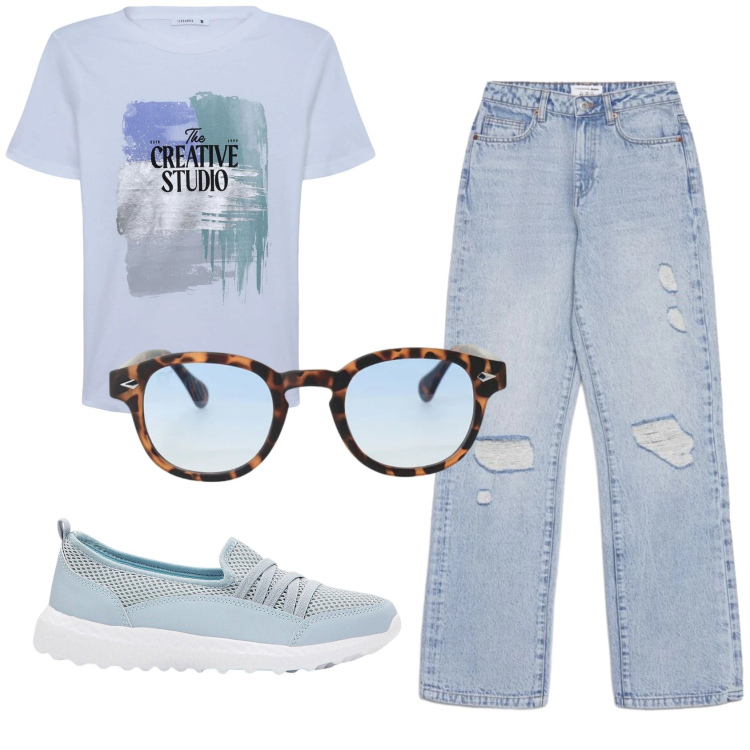 Outfit donna - Total look #2422090. Stile Casual per Tutti i giorni. Abbinamento con sneakers, t-shirt, jeans strappati, occhiali da sole.
