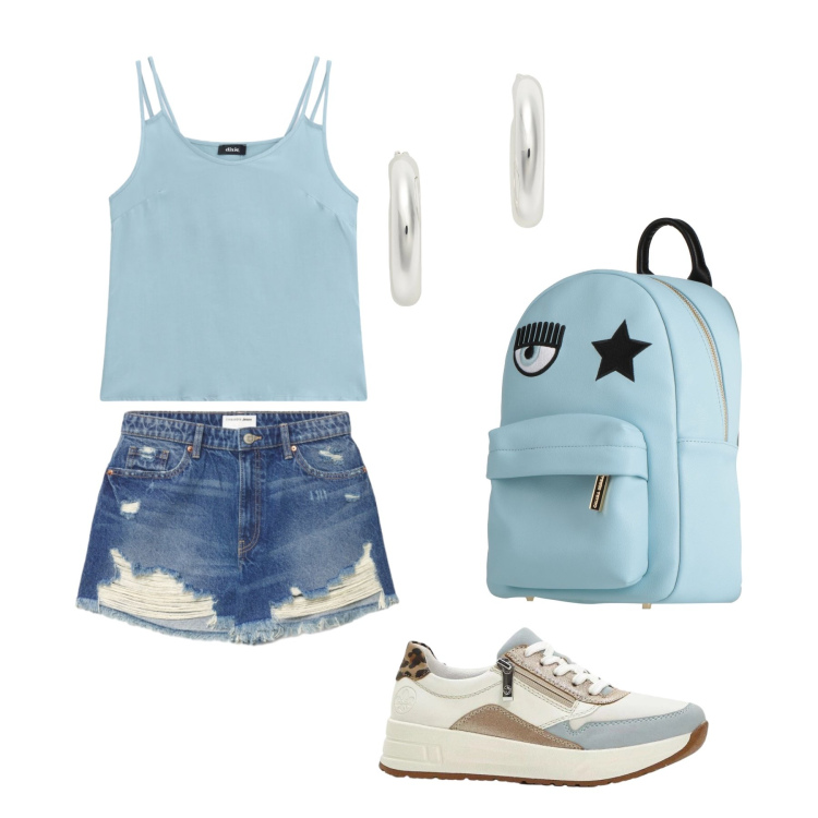 Outfit donna - Giugno. Stile Trendy per Tutti i giorni. Abbinamento con zaini, sneakers, shorts, orecchini, top.