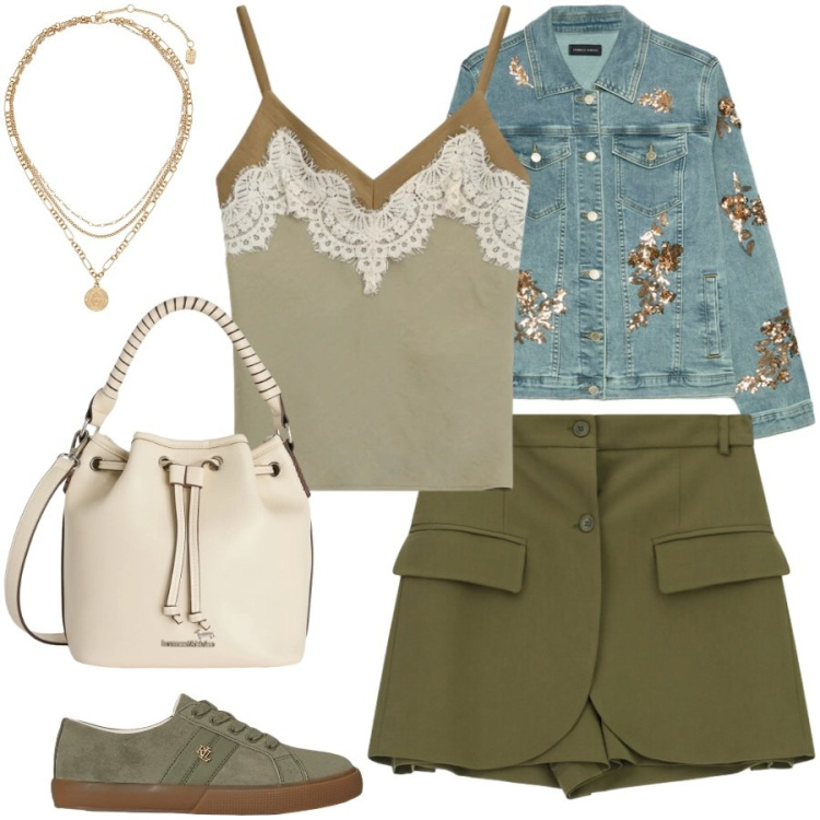 Outfit donna - Total look #2422093. Stile Casual chic per Tutti i giorni. Abbinamento con borse a secchiello, shorts, blazer, ciondoli, sneakers, top.
