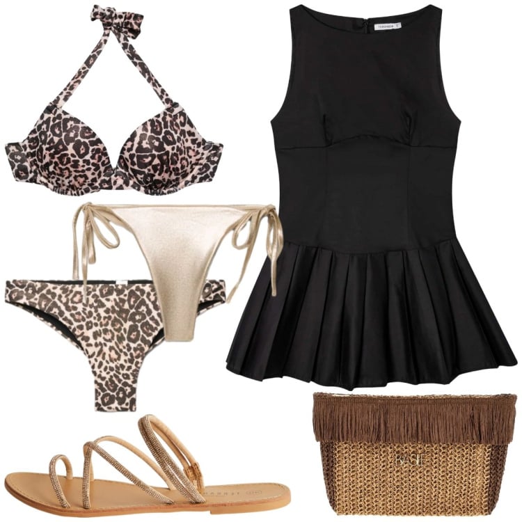 Outfit donna - Aperitivo al tramonto. Stile Casual chic per Tutti i giorni. Abbinamento con vestiti senza maniche, bikini, bikini, sandali, bikini, pochette.