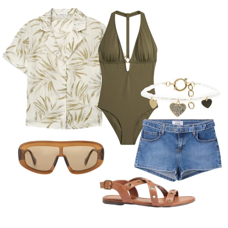 Outfit donna - Giigno. Stile Trendy per Mare. Abbinamento con sandali, costumi interi, shorts, camicie a manica corta, occhiali da sole, braccialetti.