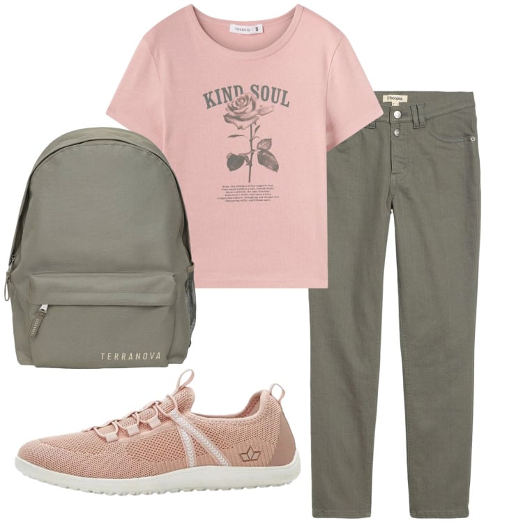 Outfit donna - Total look #2422098. Stile Casual per Tutti i giorni. Abbinamento con pantaloni, sneakers, t-shirt, zaini.