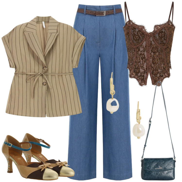Outfit donna - Glamour in jeans. Stile Glamour per Serata fuori. Abbinamento con borse a tracolla, blazer, pantaloni a palazzo, top, orecchini, décolleté.