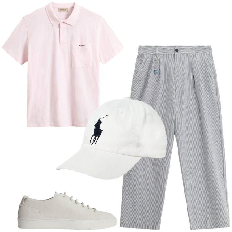 Outfit uomo - Total look #2422109. Stile Trendy per Tutti i giorni. Abbinamento con polo, sneakers, cappelli con visiera, pantaloni.