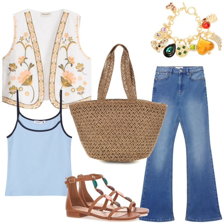 Outfit donna - Cancro, emozione boho. Stile Boho per Tutti i giorni. Abbinamento con gilet, jeans a zampa, top, braccialetti con ciondoli, sandali gioiello, borse a spalla.