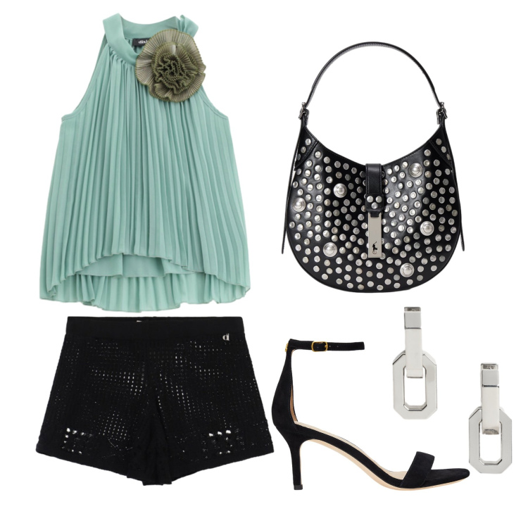Outfit donna - Giugno. Stile Glamour per Serata fuori. Abbinamento con orecchini, sandali in pelle, borse a spalla, top, shorts.