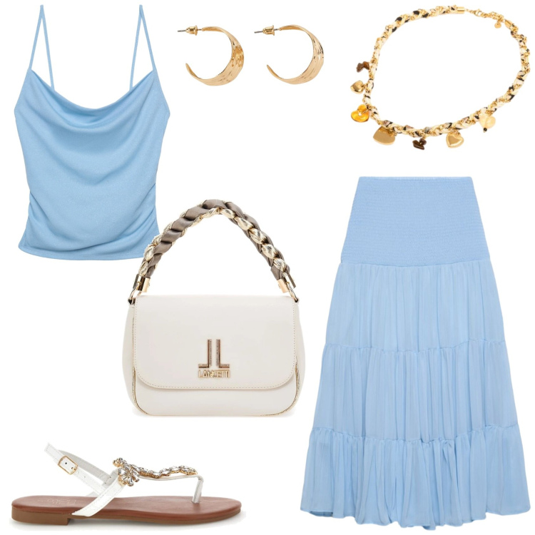 Outfit donna - Nel segno della propria libertà. Stile Casual chic per Serata fuori. Abbinamento con orecchini, canottiere, gonne lunghe, collane, borse a tracolla, sandali gioiello.