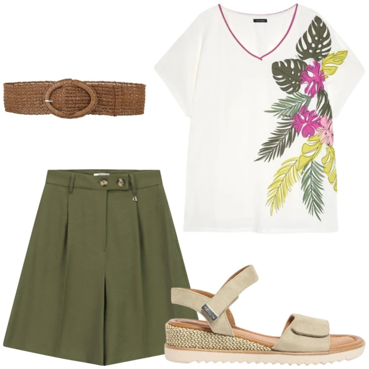 Outfit donna - Stampa tropicale. Stile Casual chic per Tutti i giorni. Abbinamento con cinture, sandali, t-shirt, bermuda.