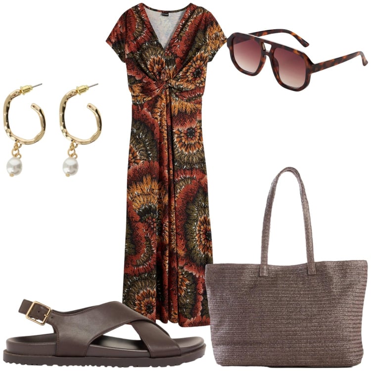Outfit donna - Il mio etno vestito. Stile Etnico per Tutti i giorni. Abbinamento con vestiti lunghi, occhiali da sole, shopping bag, sandali in pelle, orecchini.
