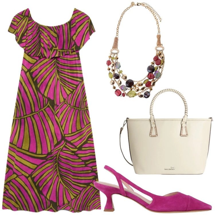 Outfit donna - Serate allegre. Stile Chic per Serata fuori. Abbinamento con décolleté, shopping bag, vestiti lunghi, collane.