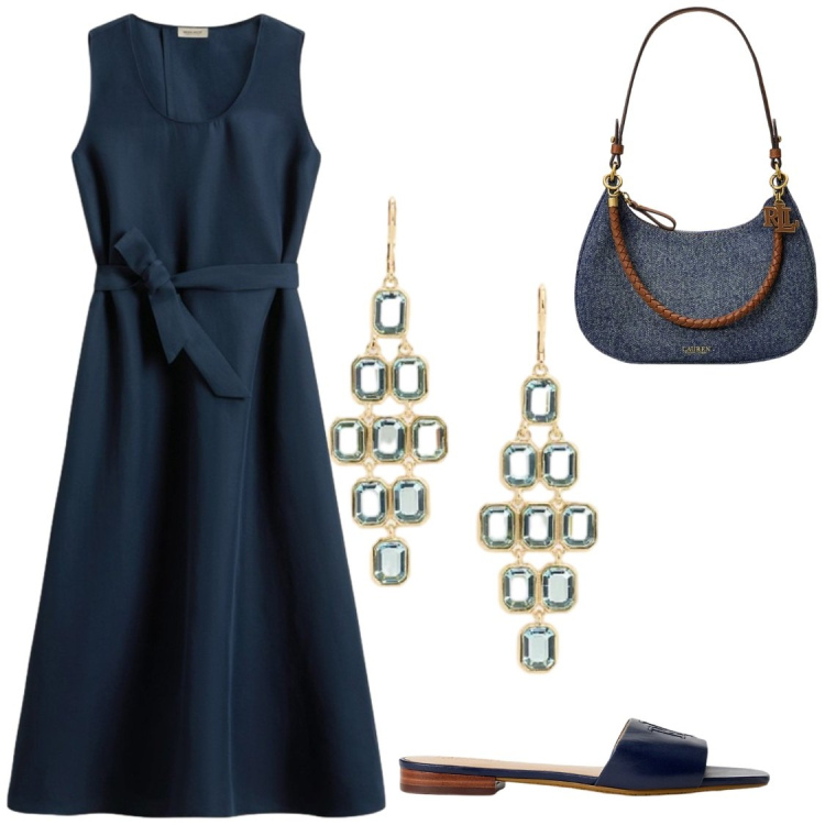 Outfit donna - Apericene. Stile Chic per Serata fuori. Abbinamento con vestiti midi/longuette, ciabatte, orecchini, borse a spalla.