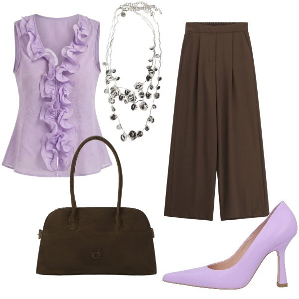 Outfit donna - Lilla e cioccolato. Stile Bon Ton per Ufficio. Abbinamento con décolleté, camicie a manica corta, cappotti, pantaloni a palazzo, collane.
