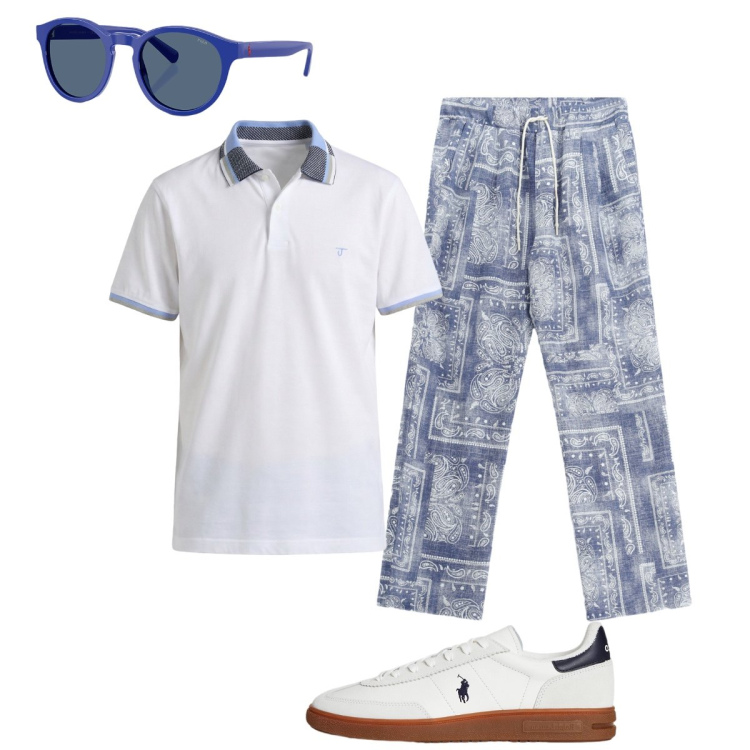 Outfit uomo - Sportivo ma con classe. Stile Trendy per Tutti i giorni. Abbinamento con polo, sneakers, occhiali da sole, pantaloni.