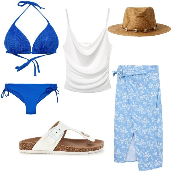 Outfit donna - I colori del mare. Stile Casual per Mare. Abbinamento con vestiti da spiaggia, canottiere, bikini, bikini, cappelli, infradito.