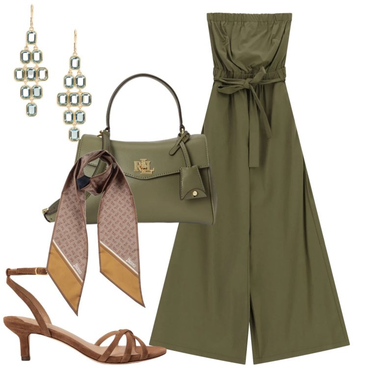 Outfit donna - City. Stile Casual chic per Tutti i giorni. Abbinamento con sciarpe, tute, borse a mano, sandali col tacco, orecchini.