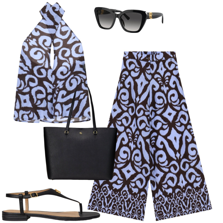 Outfit donna - Dixie. Stile Casual chic per Mare. Abbinamento con occhiali da sole, borse tote, sandali in pelle, top, pantaloni a palazzo.