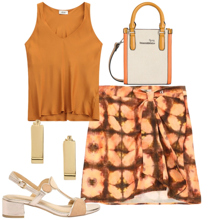 Outfit donna - Giugno. Stile Casual chic per Tutti i giorni. Abbinamento con sandali col tacco, borse tote, orecchini, top, minigonne.